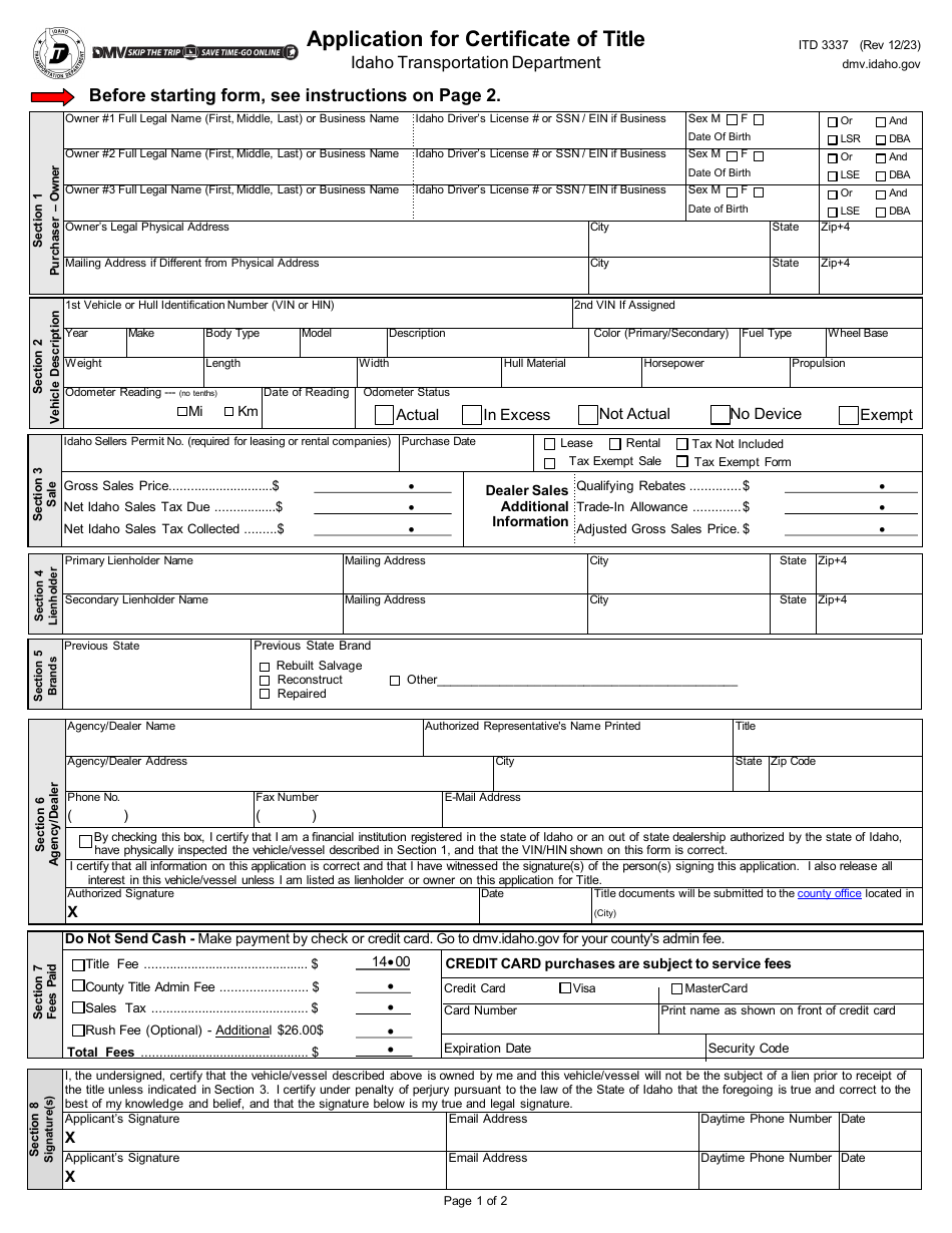 Form ITD3337 Application for Certificate of Title - Idaho, Page 1