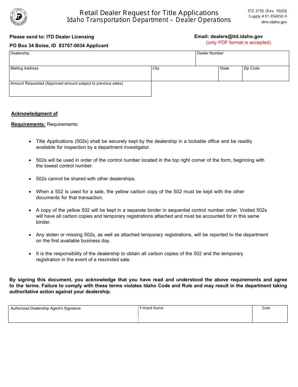 Form ITD3195 Retail Dealer Request for Title Applications - Idaho, Page 1