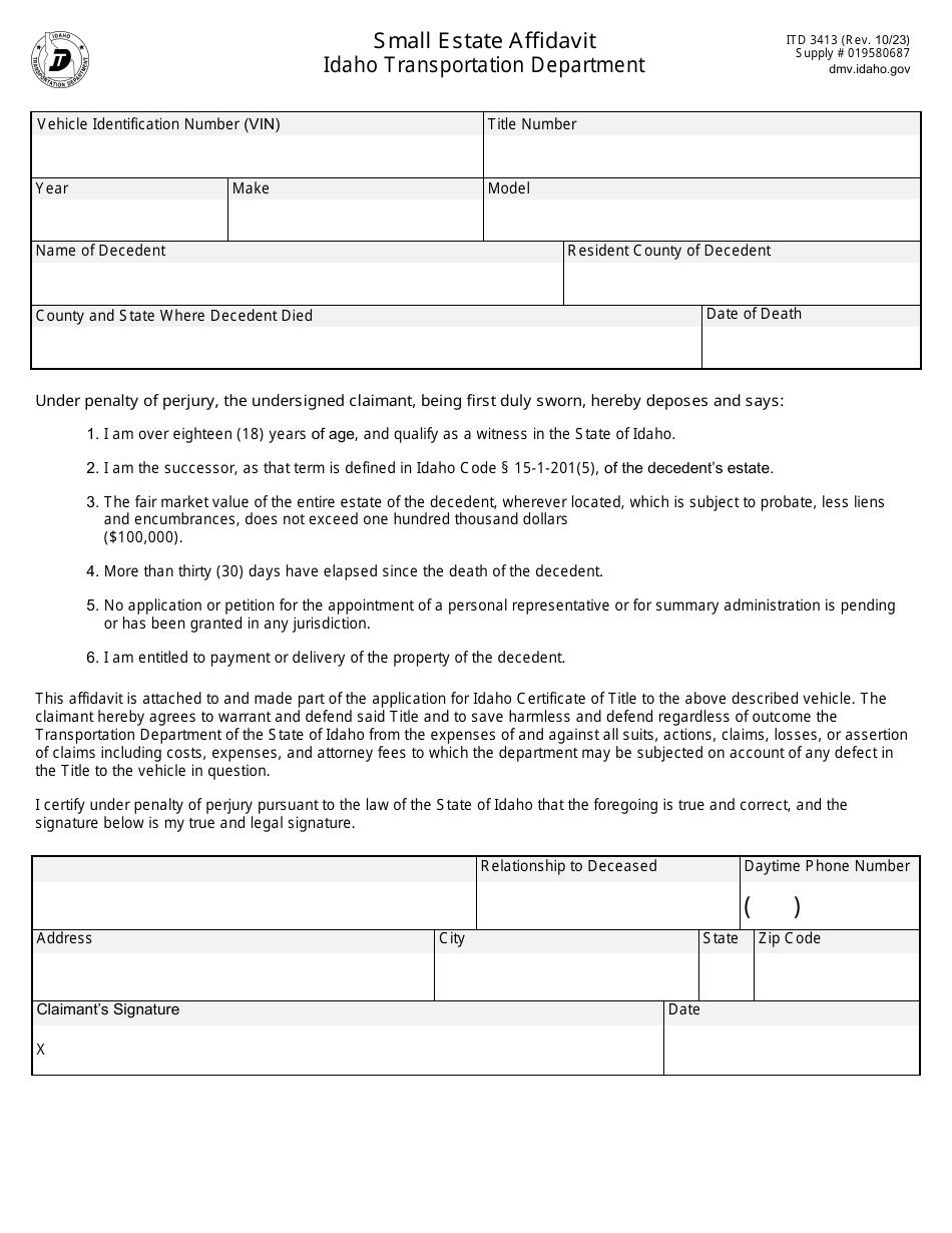 Form ITD3413 Download Fillable PDF or Fill Online Small Estate ...