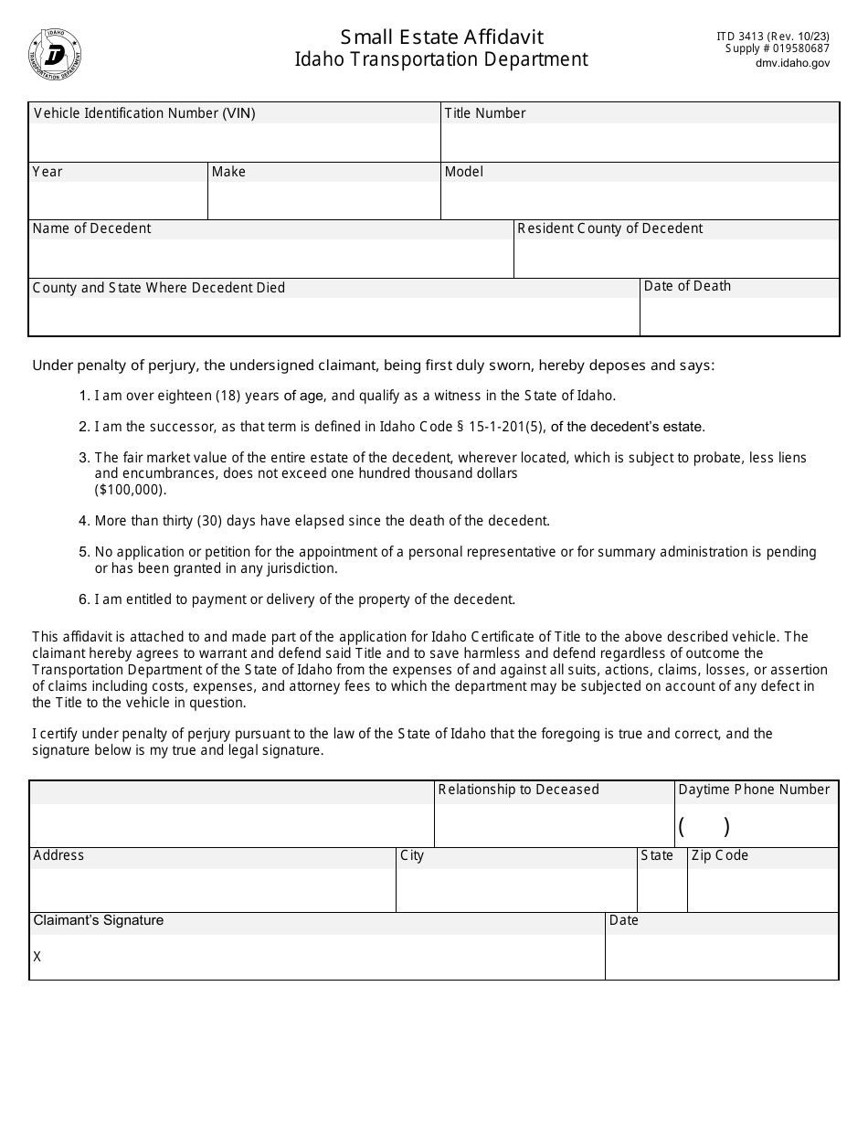 Form ITD3413 Small Estate Affidavit - Idaho, Page 1