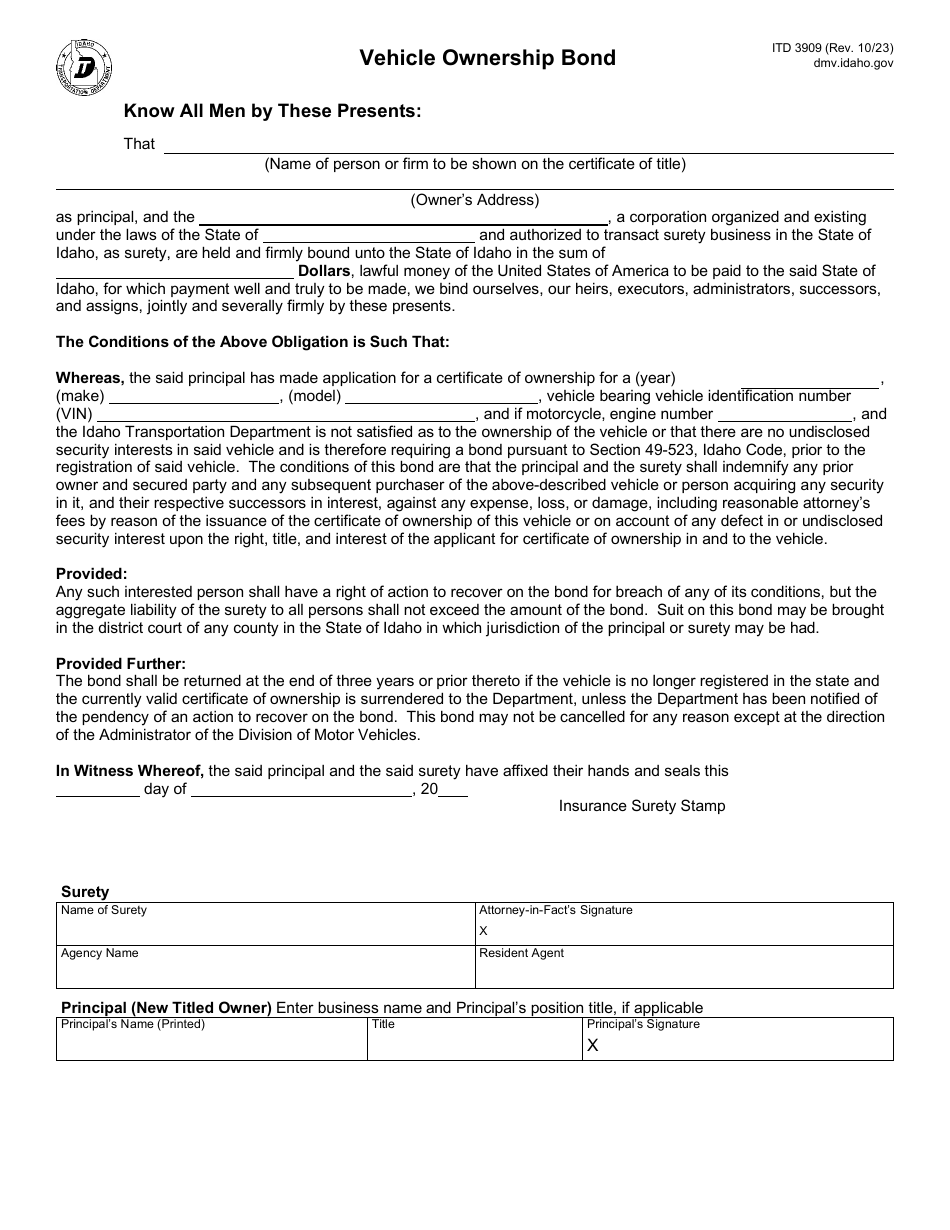 Form ITD3909 Vehicle Ownership Bond - Idaho, Page 1