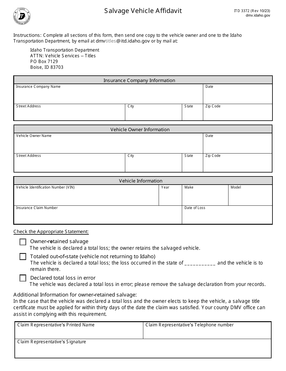 Form ITD3372 Salvage Vehicle Affidavit - Idaho, Page 1