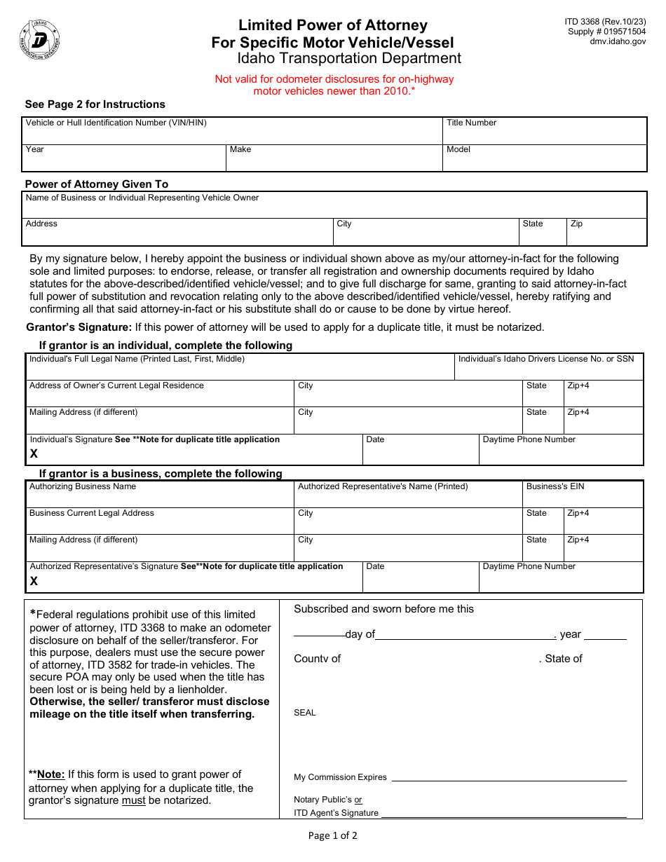 Form ITD3368 Limited Power of Attorney for Specific Motor Vehicle / Vessel - Idaho, Page 1
