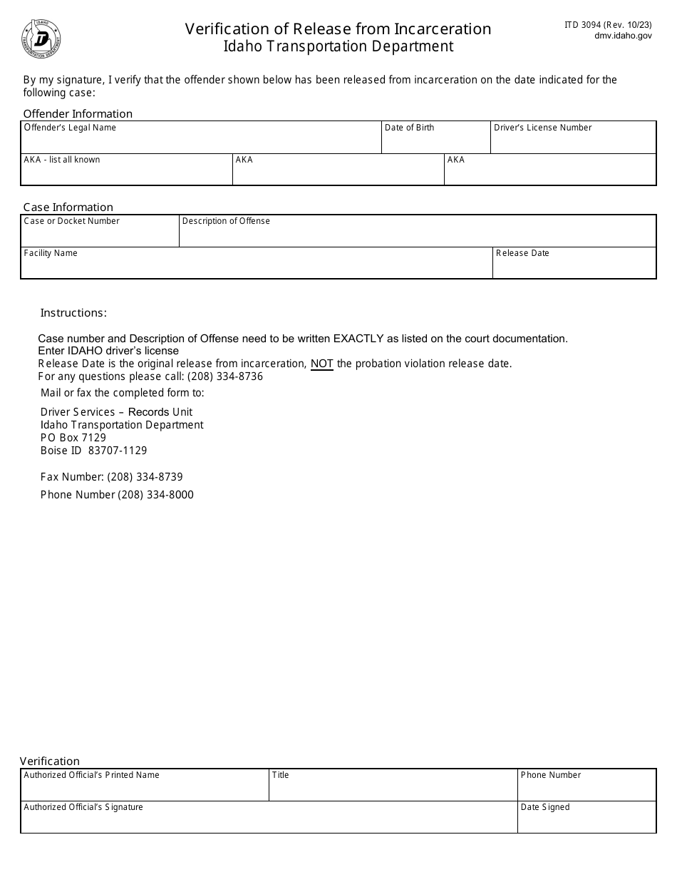 Form ITD3094 Verification of Release From Incarceration - Idaho, Page 1