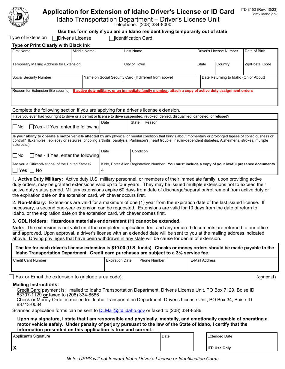 Form ITD3153 Application for Extension of Idaho Drivers License or Id Card - Idaho, Page 1