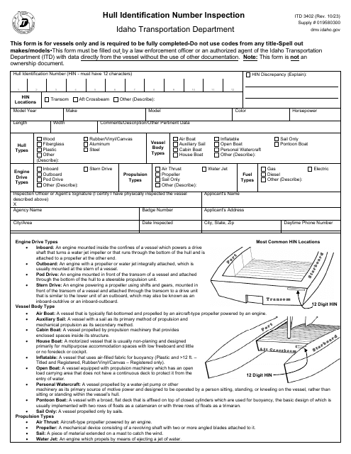 Form ITD3402 Hull Identification Number Inspection - Idaho
