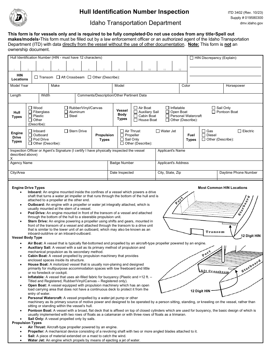 Form Itd3402 Download Fillable Pdf Or Fill Online Hull Identification Number Inspection Idaho 1901