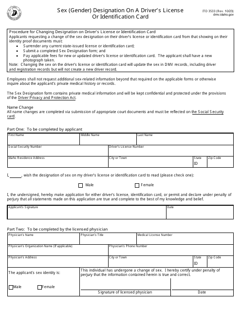 Form ITD3533 Sex (Gender) Designation on a Driver's License or Identification Card - Idaho
