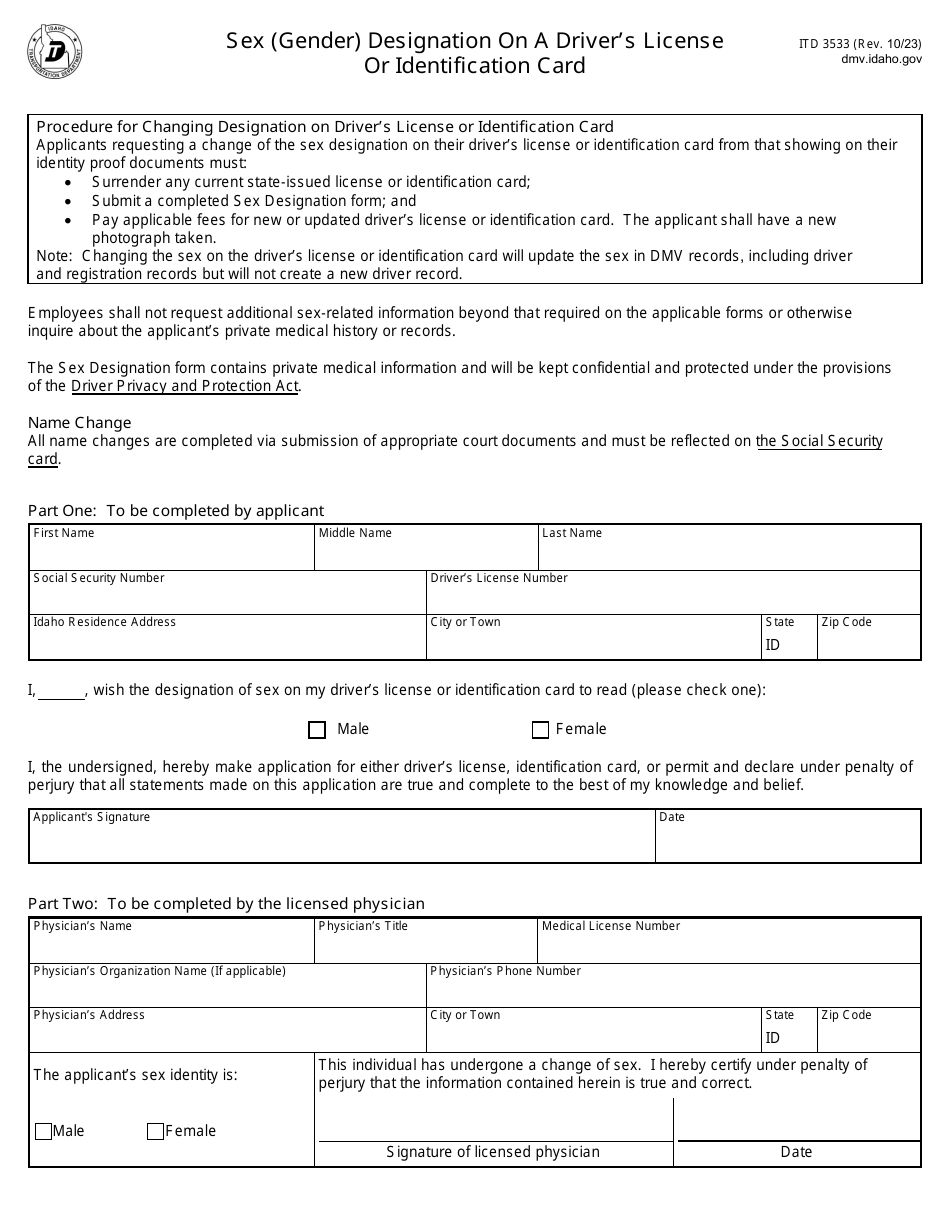 Form Itd3533 Download Fillable Pdf Or Fill Online Sex Gender Designation On A Drivers License 6141