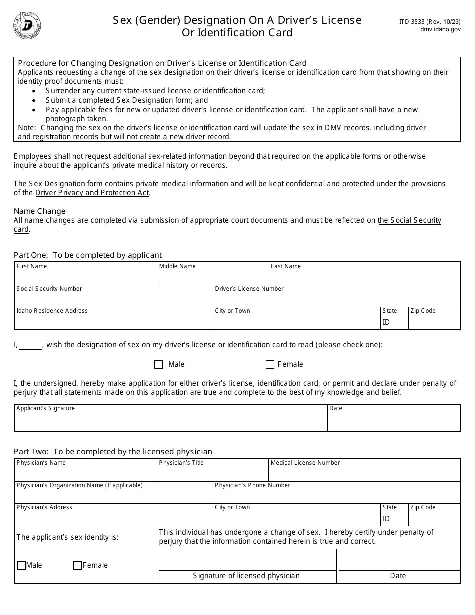Form ITD3533 Sex (Gender) Designation on a Drivers License or Identification Card - Idaho, Page 1