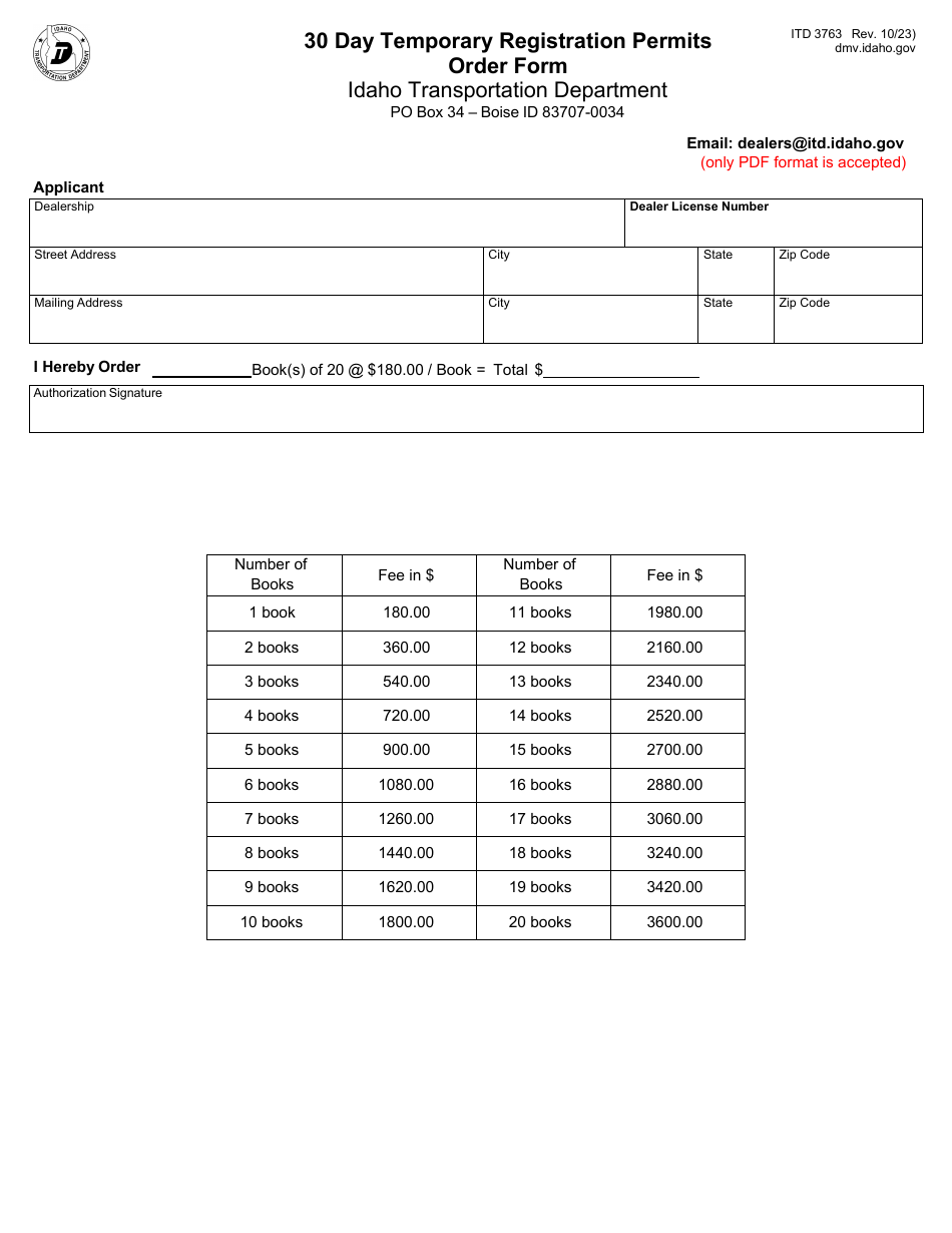 Form ITD3763 30 Day Temporary Registration Permits Order Form - Idaho, Page 1