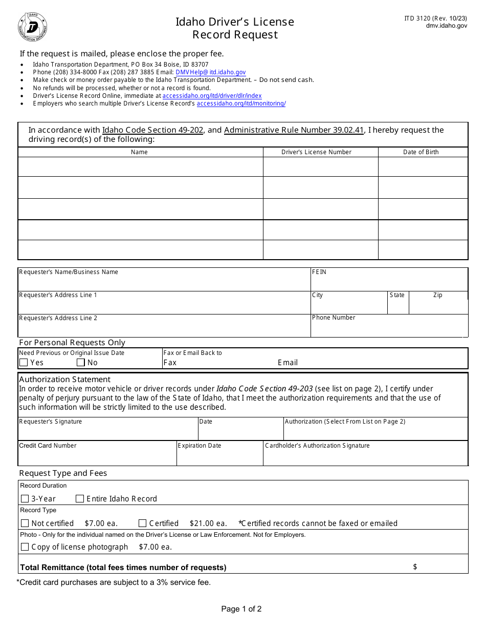 Form ITD3120 Download Fillable PDF or Fill Online Idaho Driver's