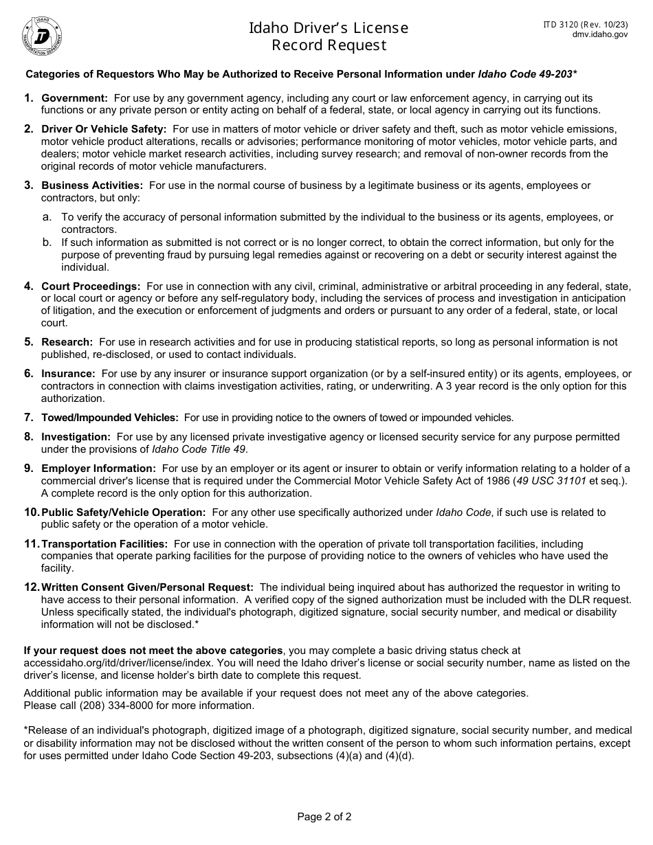 Form ITD3120 Idaho Drivers License Record Request - Idaho, Page 2