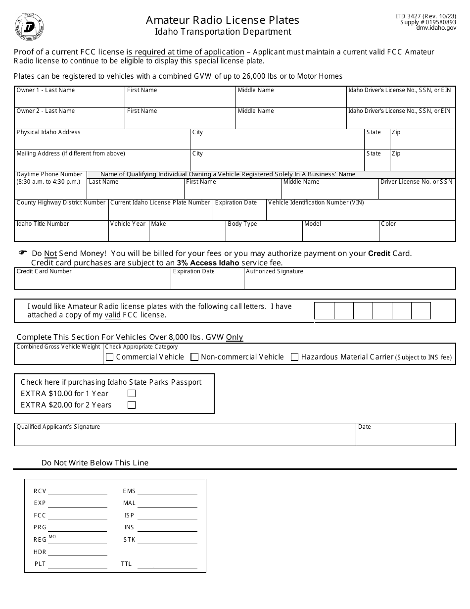 Form ITD3427 Amateur Radio License Plates - Idaho, Page 1