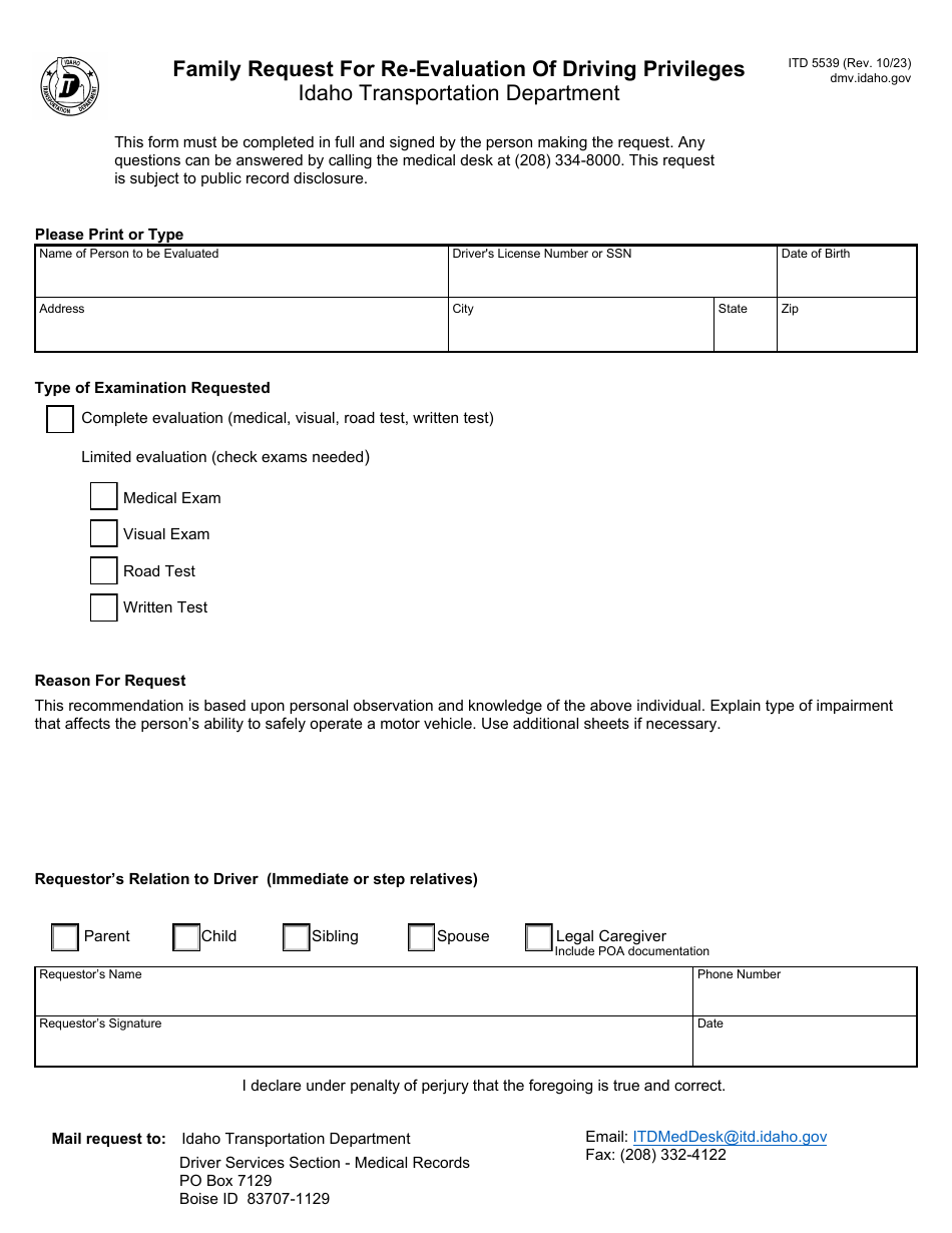 Form ITD5539 Family Request for Re-evaluation of Driving Privileges - Idaho, Page 1
