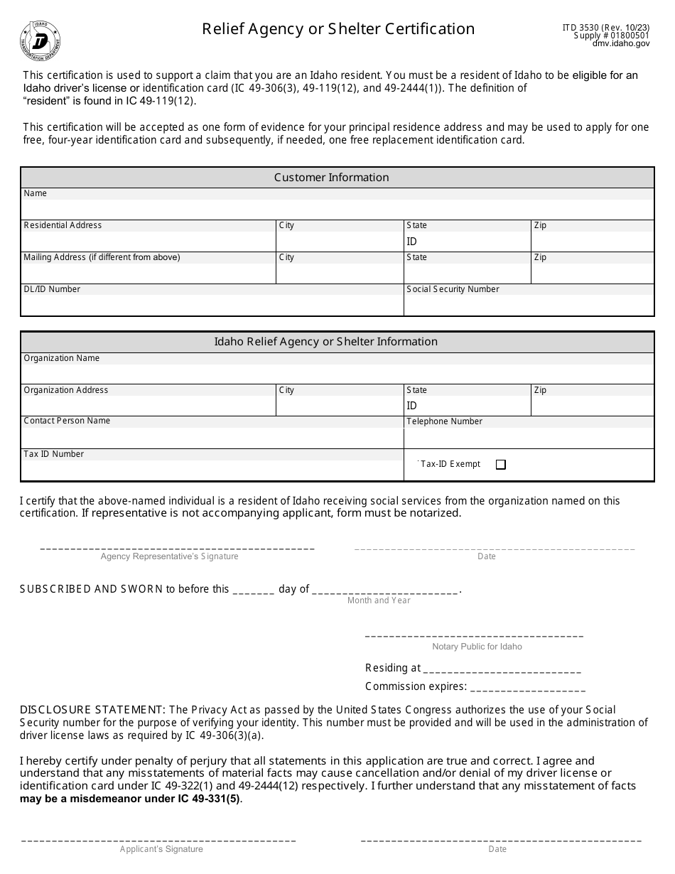 Form ITD3530 Relief Agency or Shelter Certification - Idaho, Page 1