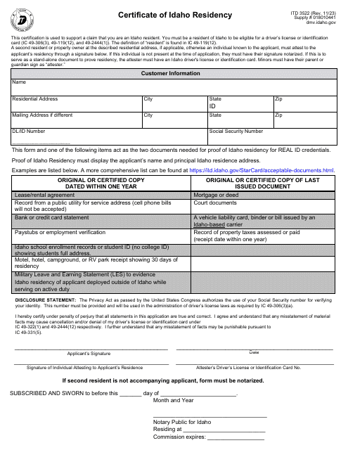 Form ITD3522 Certificate of Idaho Residency - Idaho