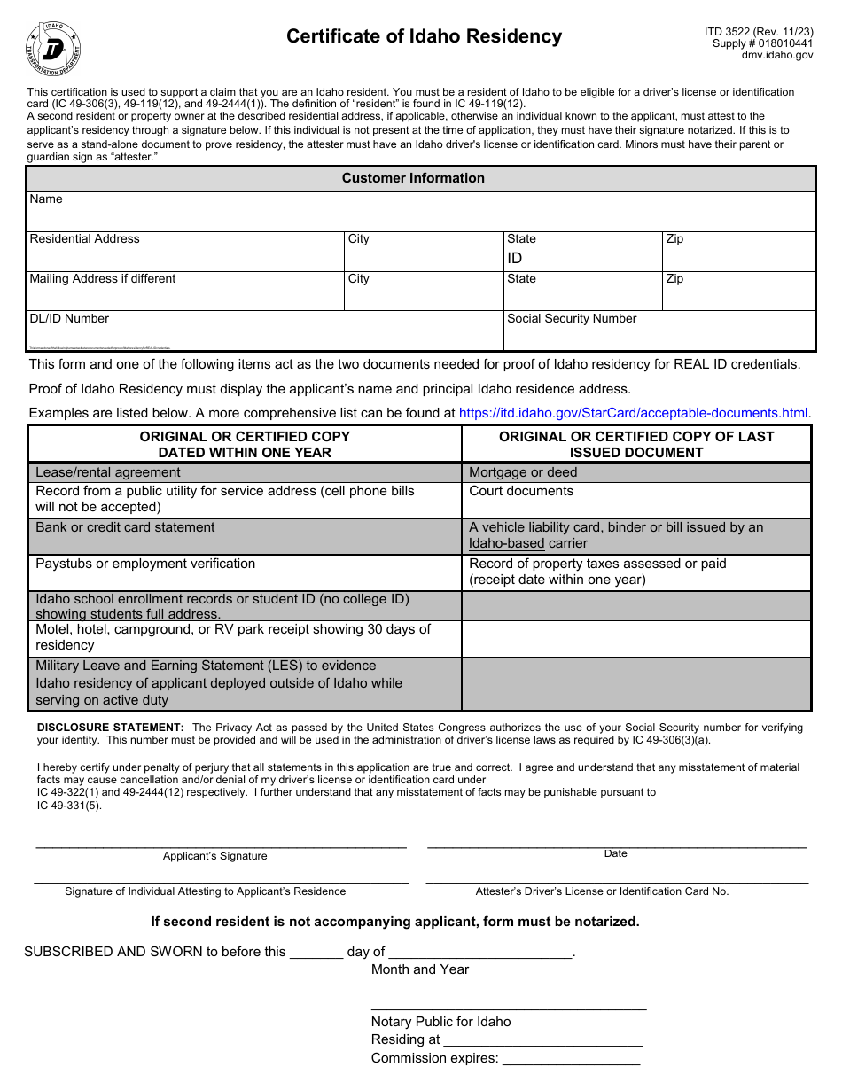 Form ITD3522 Download Fillable PDF or Fill Online Certificate of Idaho Residency, Idaho