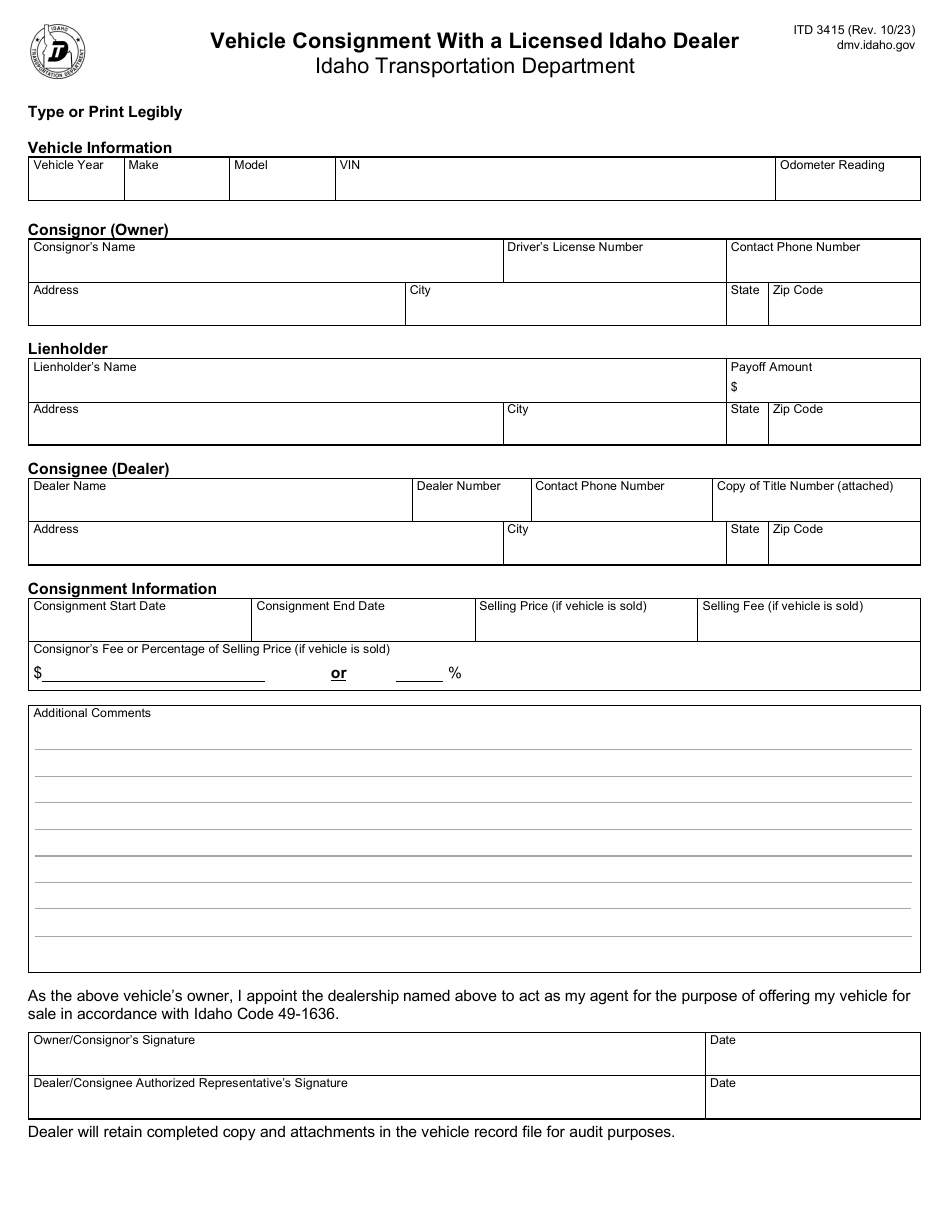 Form ITD3415 Vehicle Consignment With a Licensed Idaho Dealer - Idaho, Page 1