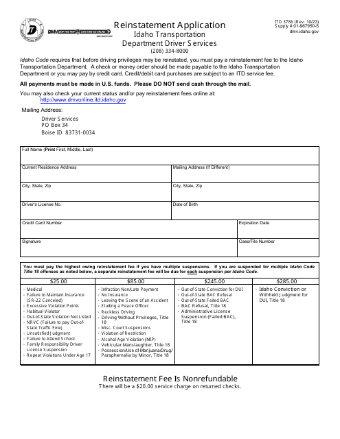 Form ITD3786 Reinstatement Application - Idaho