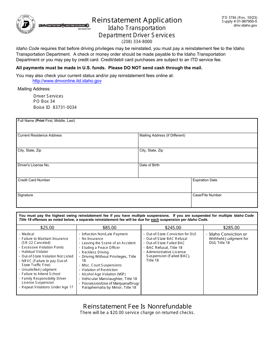 Form ITD3786 Reinstatement Application - Idaho, Page 1