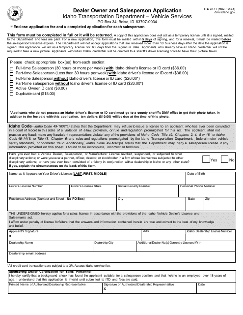 Form ITD3171 Dealer Owner and Salesperson Application - Idaho