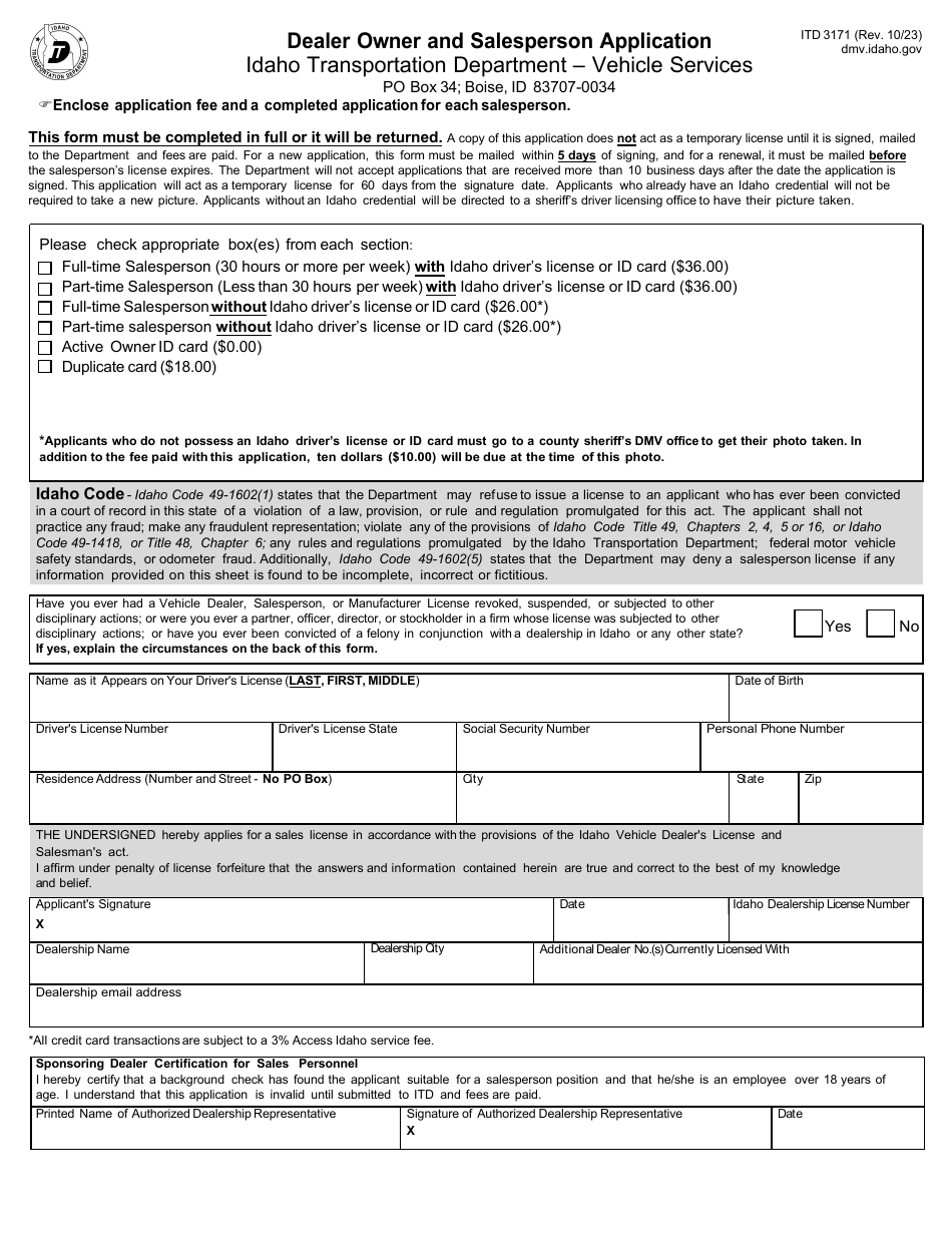 Form ITD3171 Dealer Owner and Salesperson Application - Idaho, Page 1
