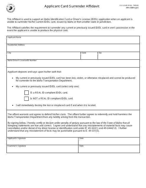 Form ITD3534 Applicant Card Surrender Affidavit - Idaho