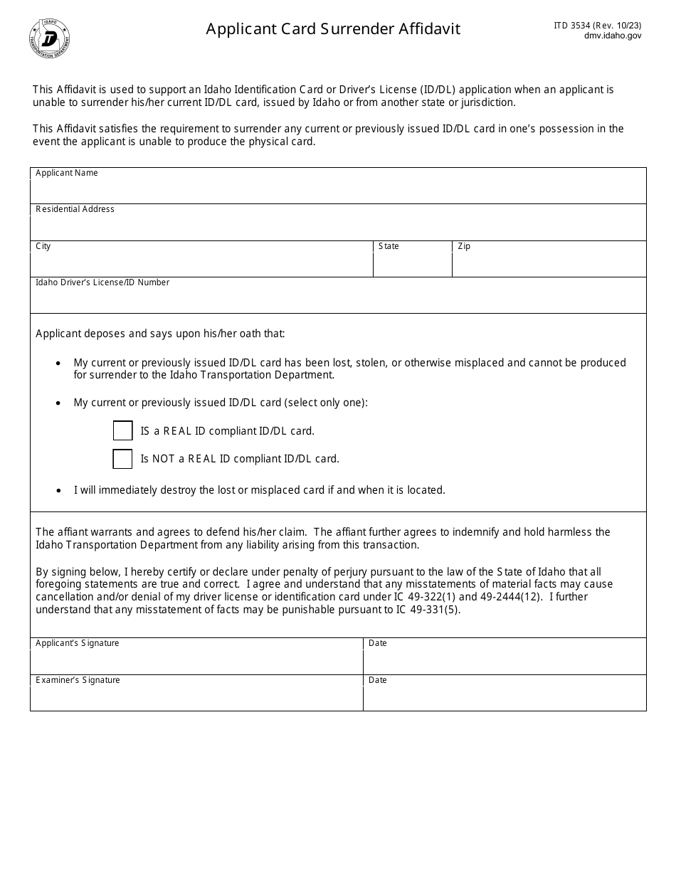 Form ITD3534 Applicant Card Surrender Affidavit - Idaho, Page 1