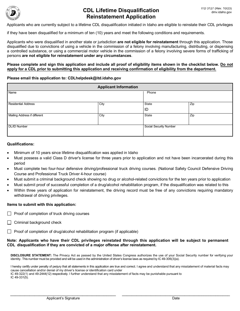 Form ITD3127 Cdl Lifetime Disqualification Reinstatement Application - Idaho, Page 1