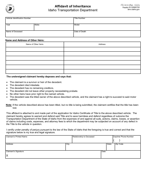 Form ITD3414 Affidavit of Inheritance - Idaho