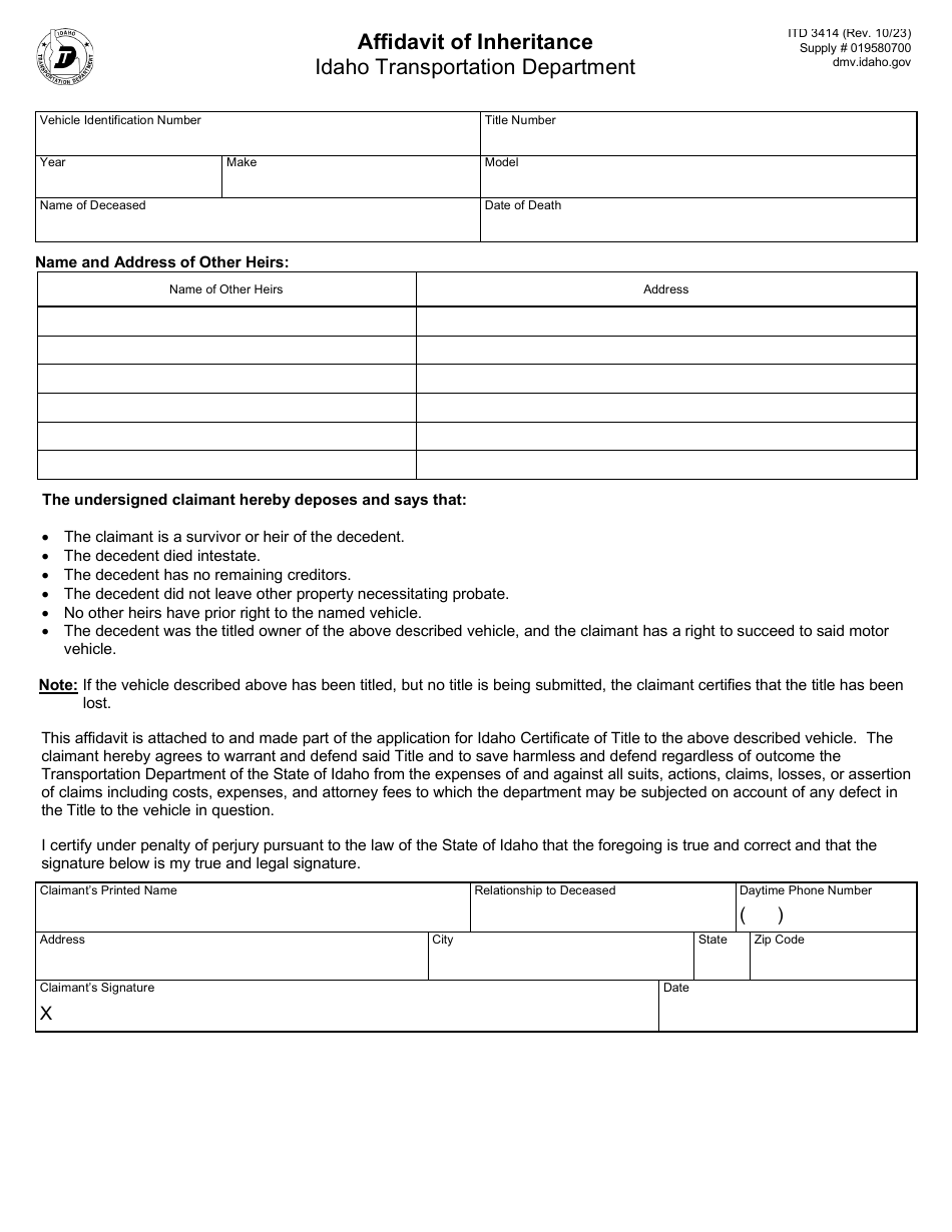 Form ITD3414 Download Fillable PDF or Fill Online Affidavit of