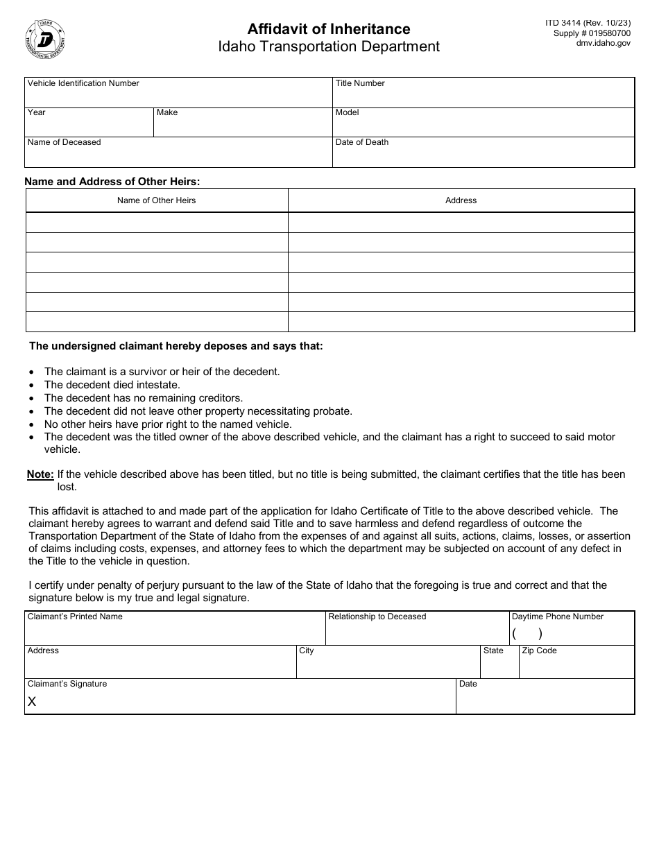 Form ITD3414 Affidavit of Inheritance - Idaho, Page 1