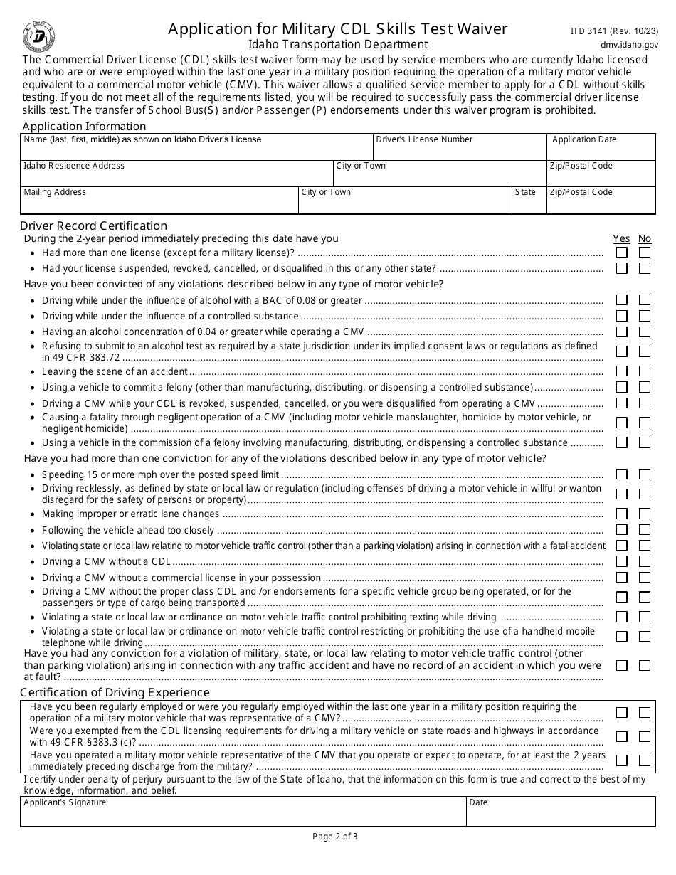 Form ITD3141 Application for Military Cdl Skills Test Waiver - Idaho, Page 2
