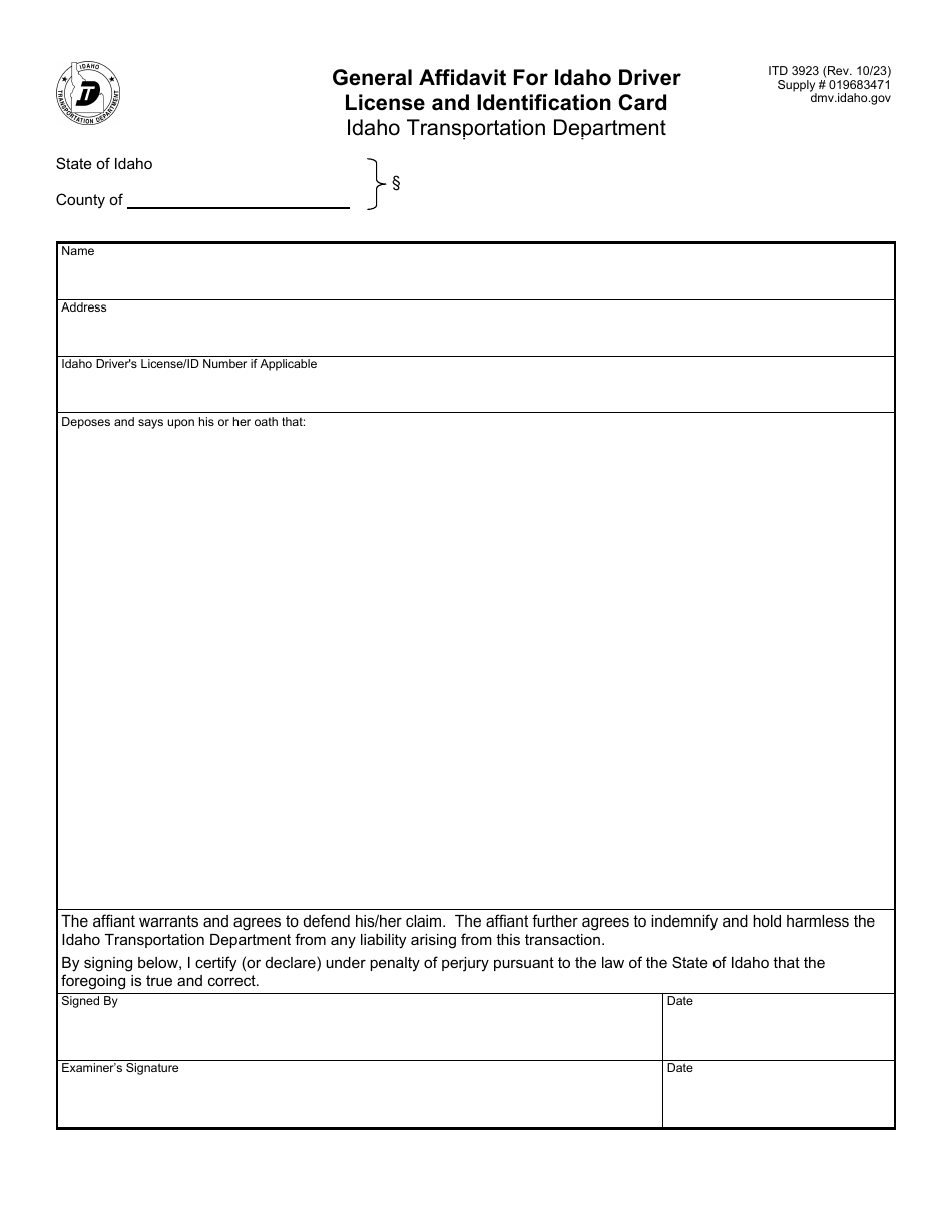 Form ITD3923 General Affidavit for Idaho Driver License and Identification Card - Idaho, Page 1