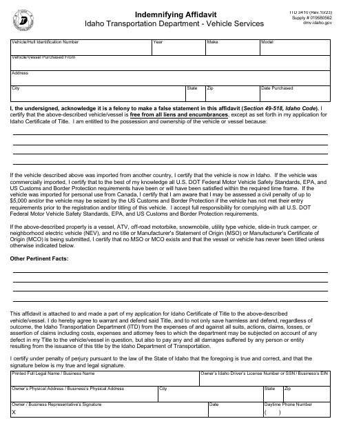 Form ITD3410 Indemnifying Affidavit - Idaho