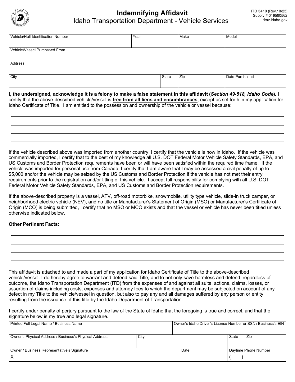 Form ITD3410 Indemnifying Affidavit - Idaho, Page 1