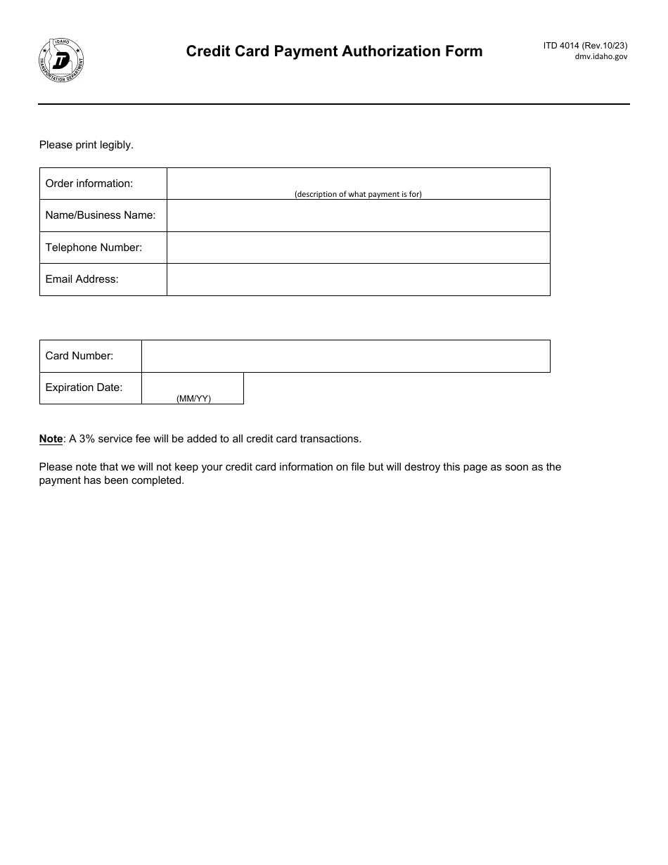 Form ITD4014 Credit Card Payment Authorization Form - Idaho, Page 1