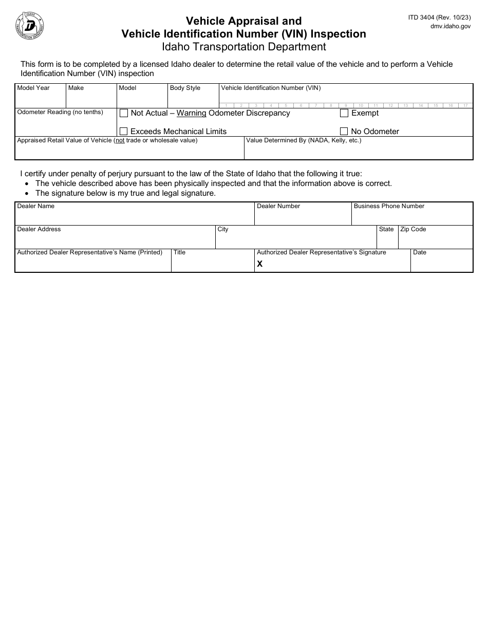 Form ITD3404 Download Fillable PDF or Fill Online Vehicle Appraisal and ...