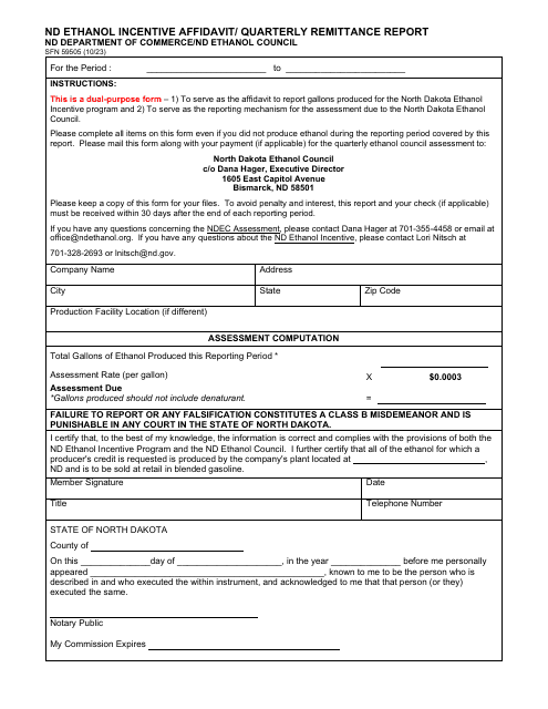 Form SFN59505 Nd Ethanol Incentive Affidavit/Quarterly Remittance Report - North Dakota
