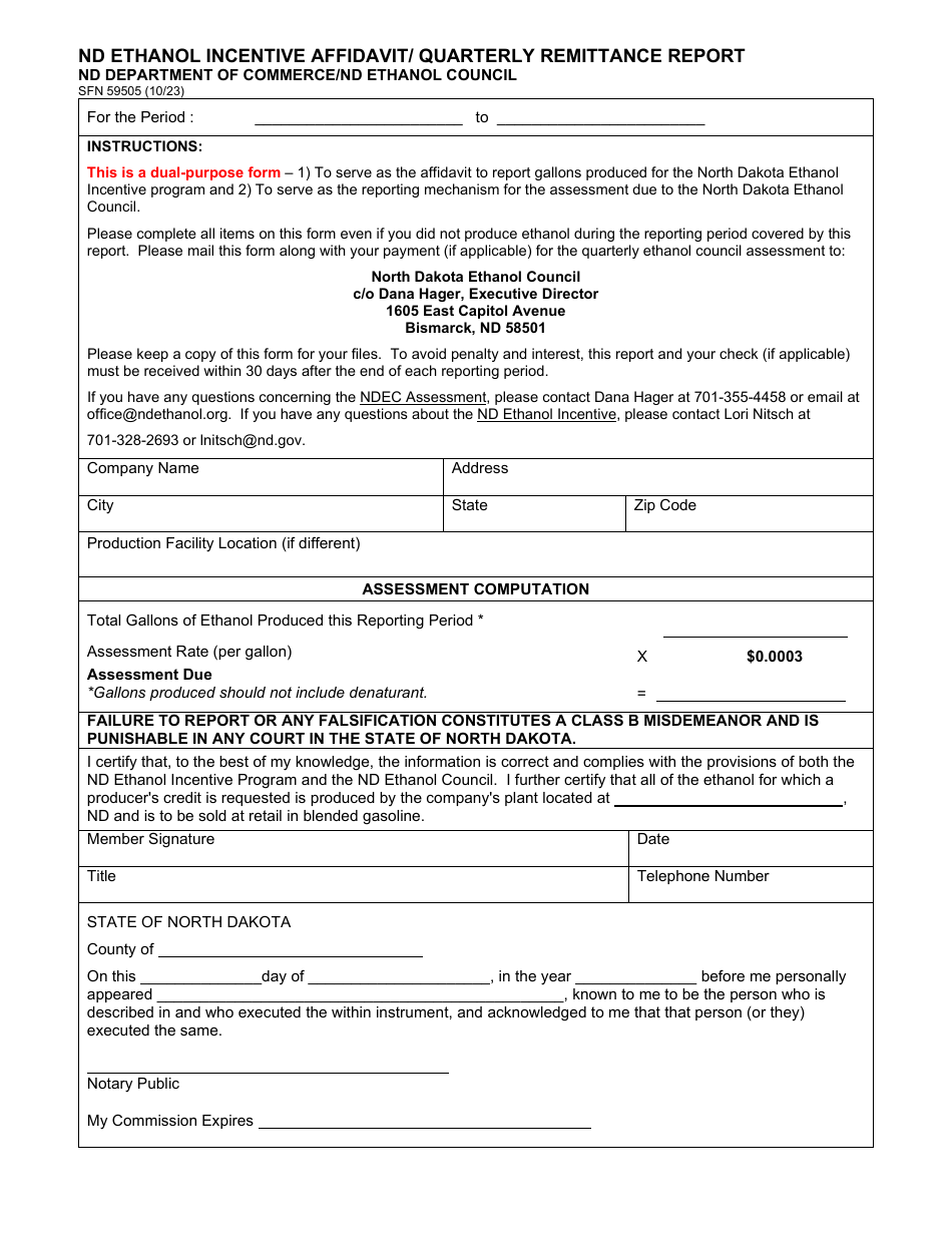 Form SFN59505 Nd Ethanol Incentive Affidavit / Quarterly Remittance Report - North Dakota, Page 1