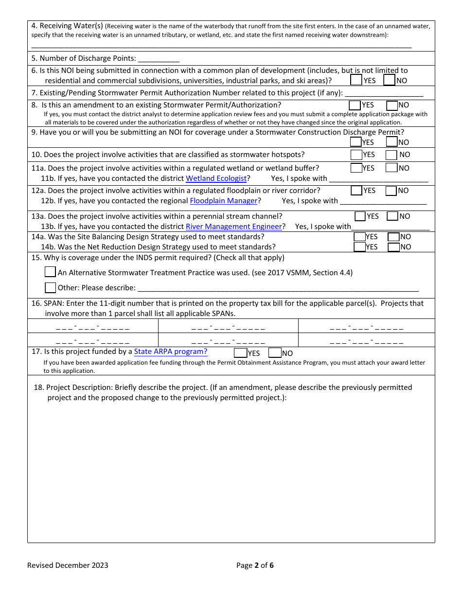 Notice of Intent (Noi) to Apply for Individual Stormwater Discharge Permit (Inds) - Vermont, Page 2