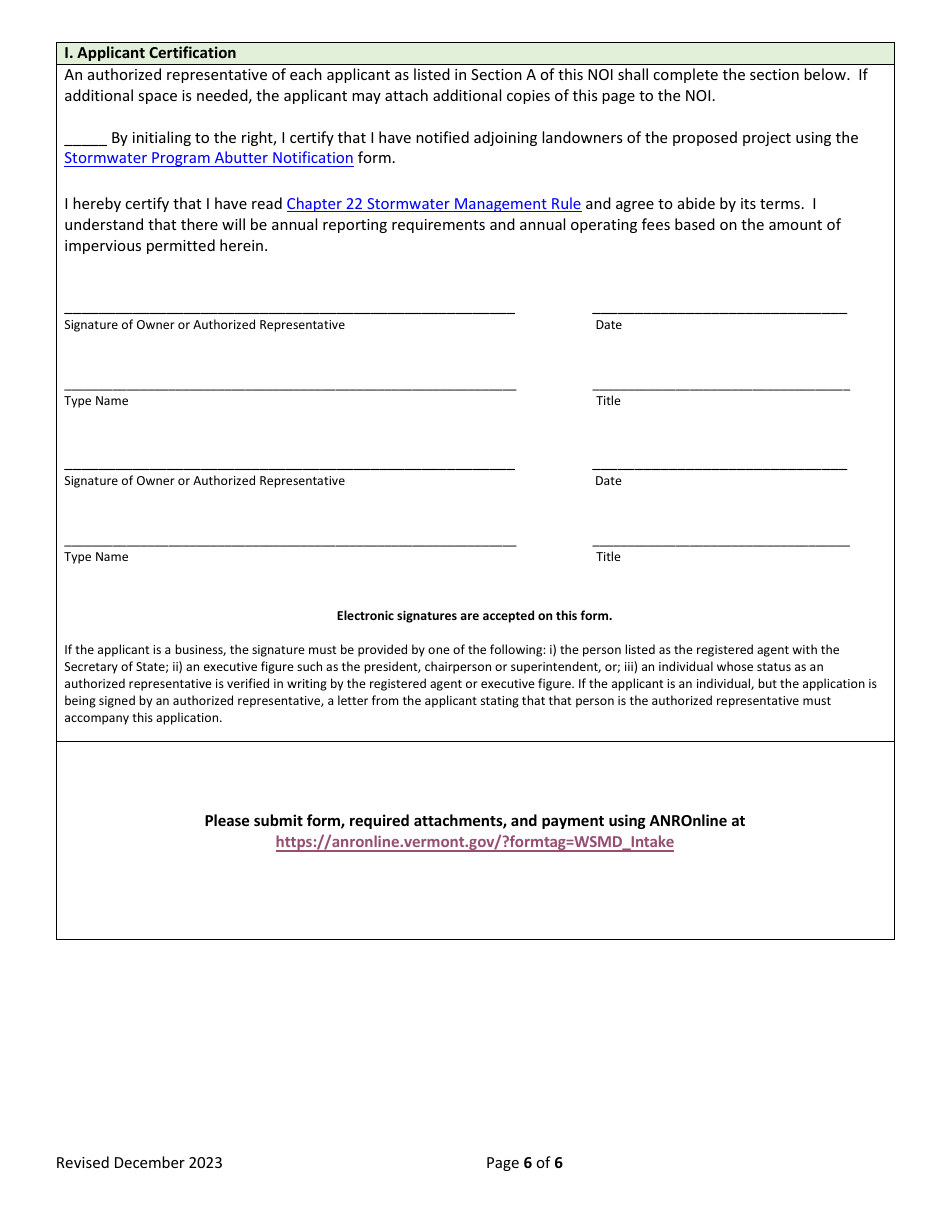 Notice of Intent (Noi) to Apply for Individual Stormwater Discharge Permit (Inds) - Vermont, Page 6