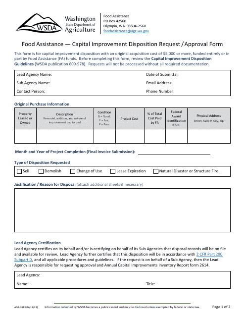 Form AGR-2613 Food Assistance - Capital Improvement Disposition Request/Approval Form - Washington