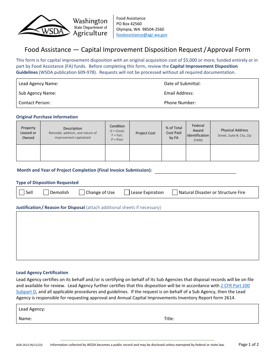 Form AGR-2613 Food Assistance - Capital Improvement Disposition Request / Approval Form - Washington, Page 1