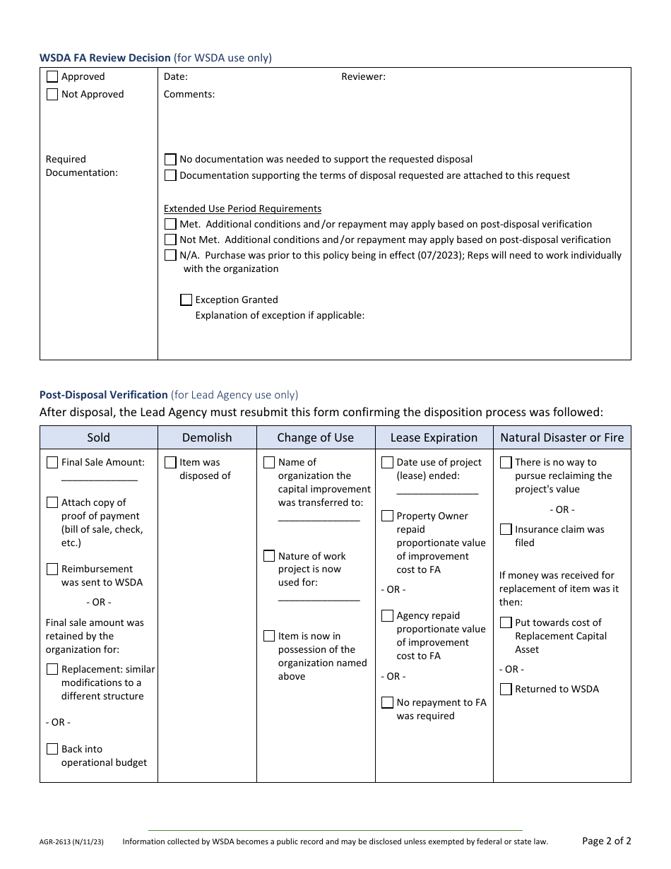Form AGR-2613 Food Assistance - Capital Improvement Disposition Request / Approval Form - Washington, Page 2
