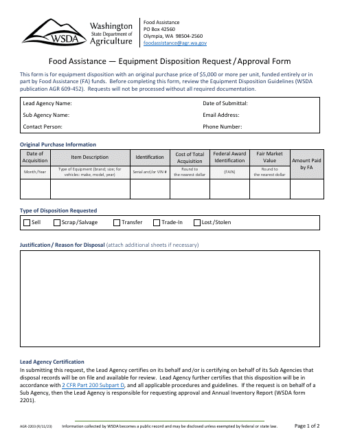 Form AGR-2203 Food Assistance - Equipment Disposition Request/Approval Form - Washington