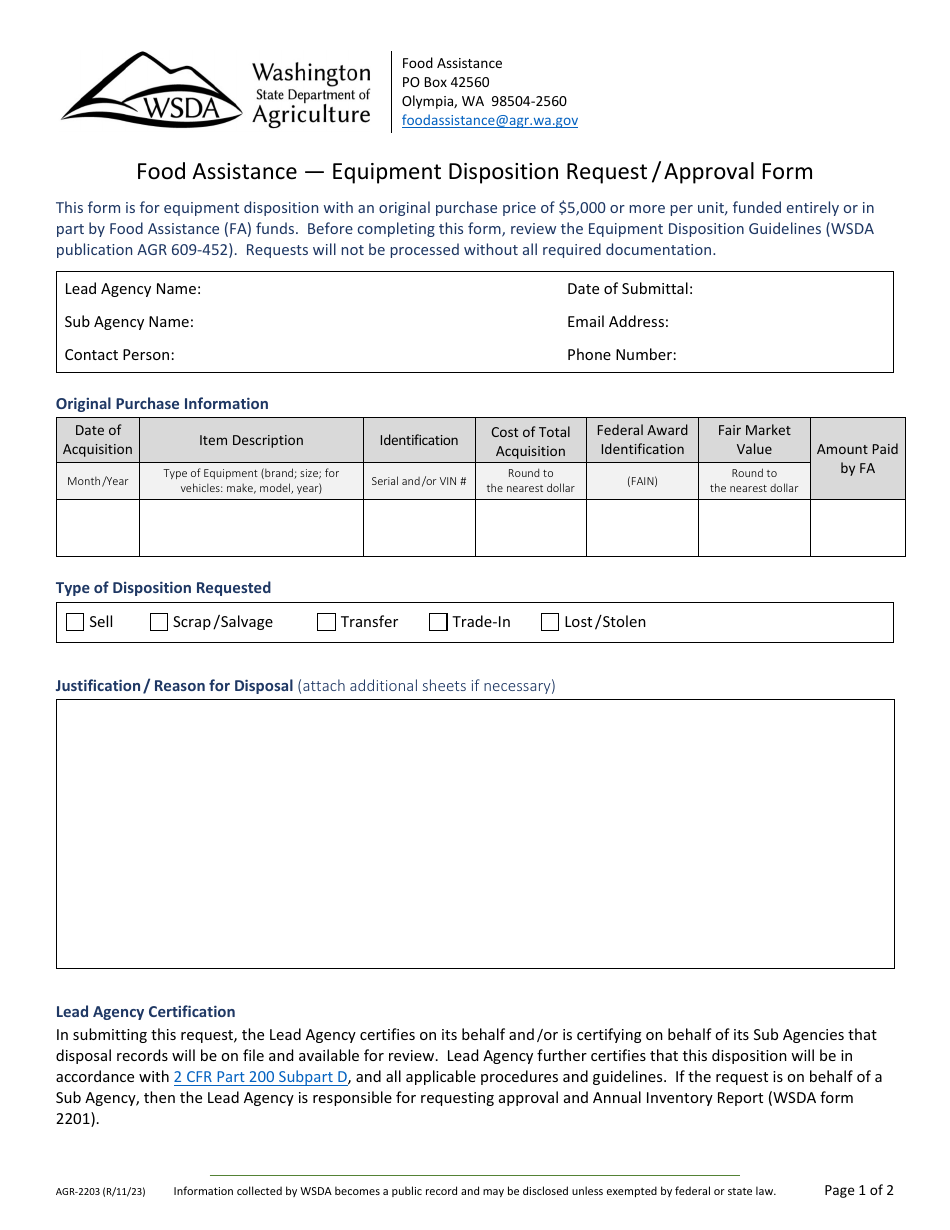 Form AGR2203 Download Fillable PDF or Fill Online Food Assistance