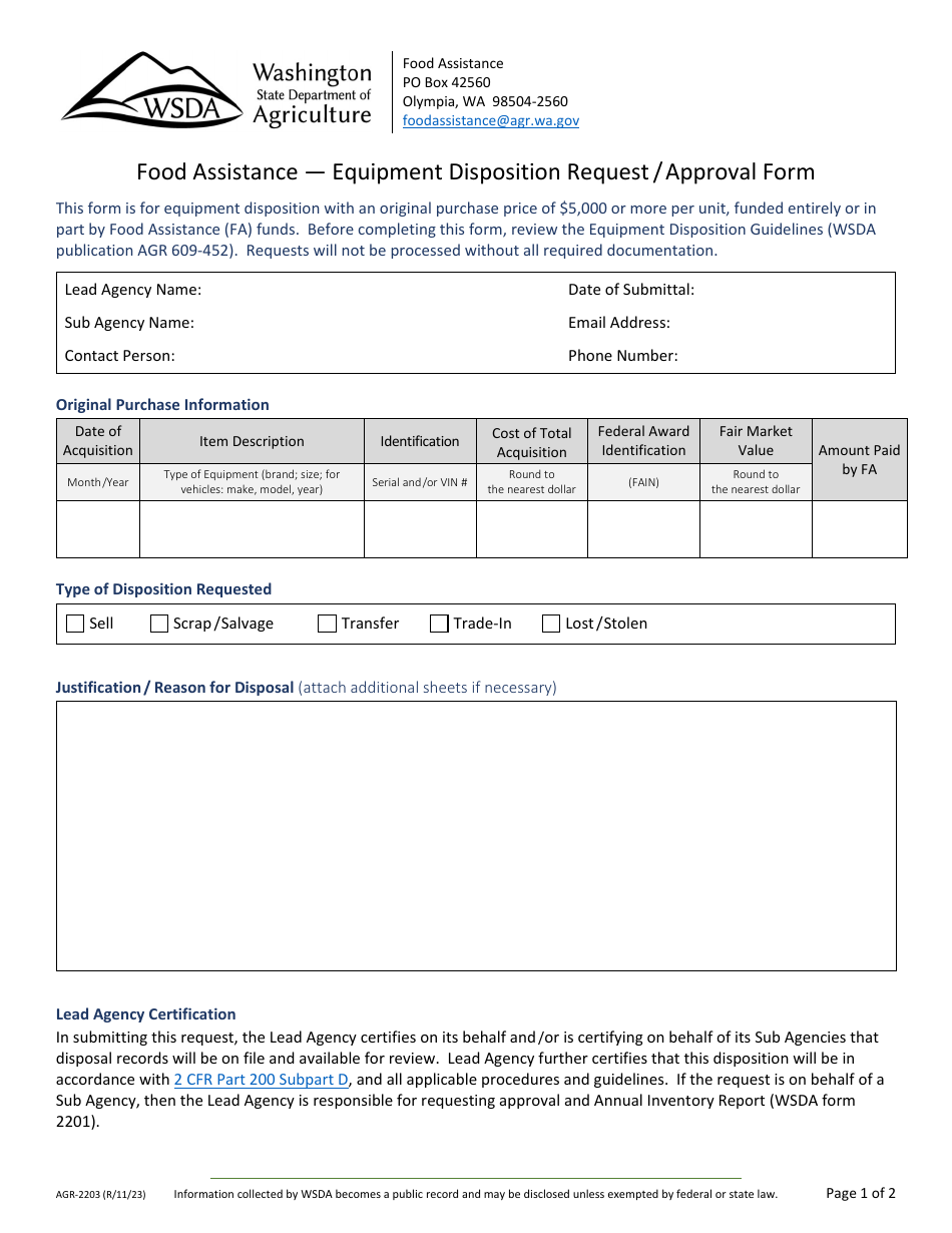 Form AGR-2203 Food Assistance - Equipment Disposition Request / Approval Form - Washington, Page 1