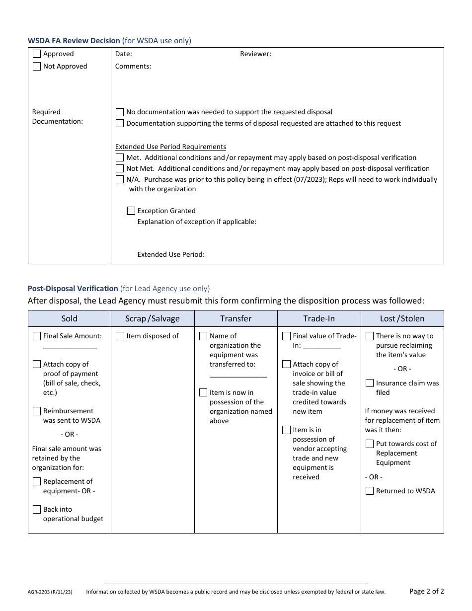 Form AGR-2203 Food Assistance - Equipment Disposition Request / Approval Form - Washington, Page 2